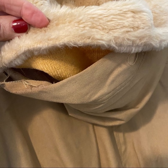 Vintage tan faux fur trim button up cinched waist Hooded coat Cotton - Picture 8 of 8